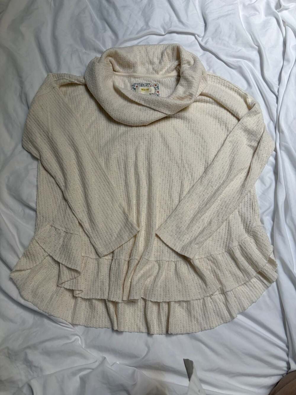 Maeve Addie Cowl Neck Hacci Pullover Size Medium Ivory Ruffled Hem